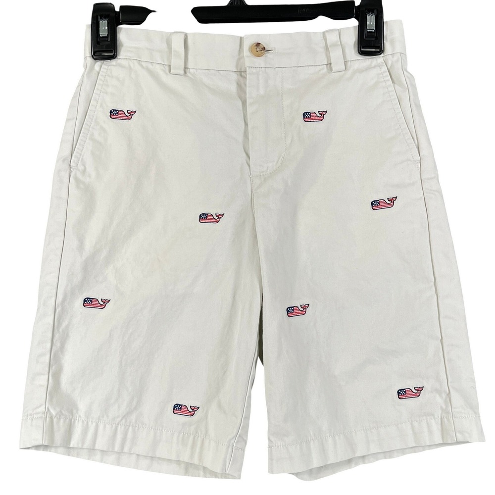 Vineyard Vines Chino Shorts Boys 10 American Flag Whale Print White Casual